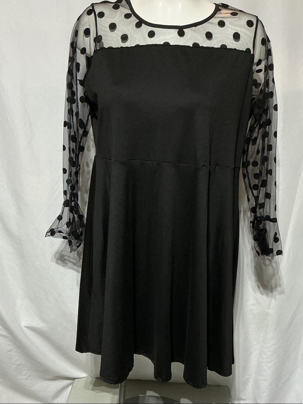 Black Polka Dot Mesh Long Sleeve Swing Dress Sz 4X